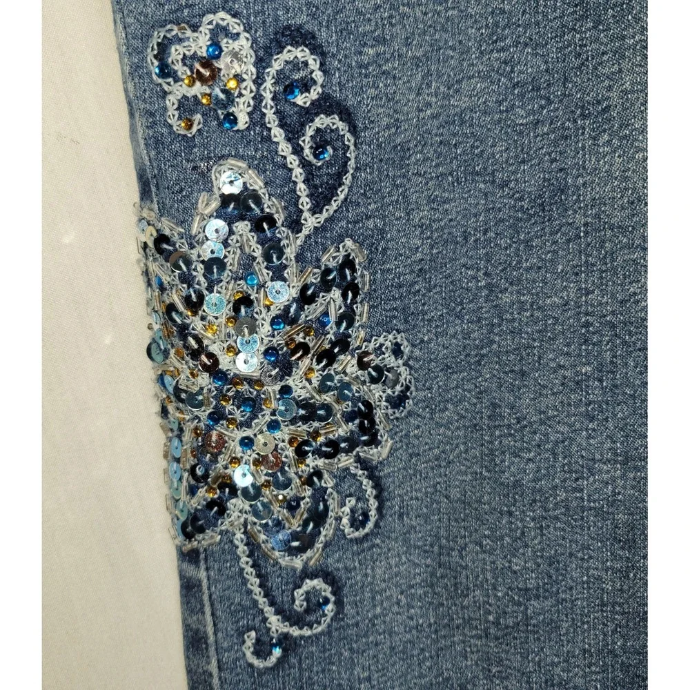 Vintage F.L. Jeans Medium Wash Embellished Sequin Floral Bootcut Denim Jeans Y2K